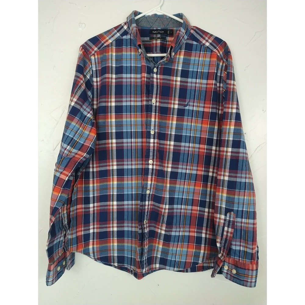 Nautica Button Down Mens Shirt L Blue Plaid Classic Fit Soft Flannel Western
